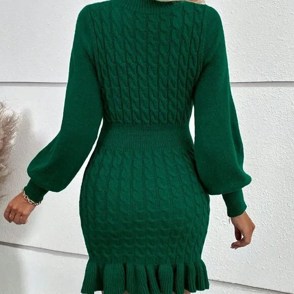Green Elegant Women's Cable Knit Lantern Sleeve Ruffle Hem Sweater Dress - Picture 2 of 6